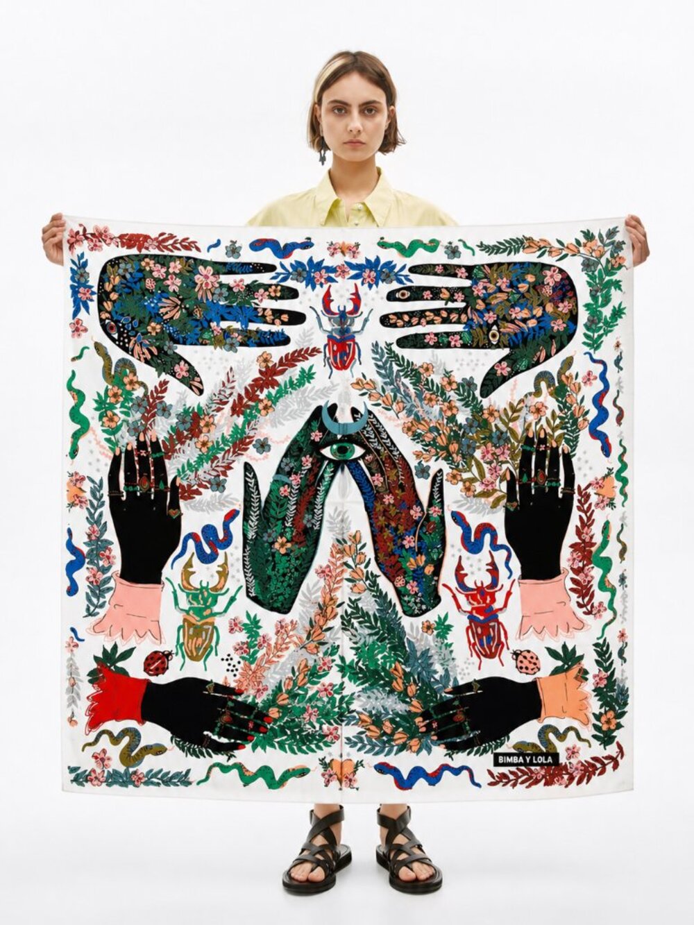 Bimba Y Lola Scarf Surreal Hands Moth Beetle Botanical Folk Art Large Square